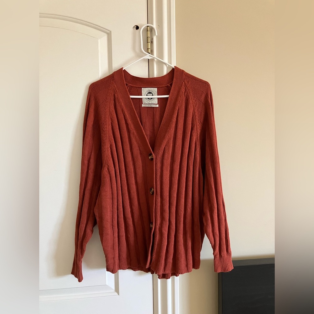 UO Red/Brown Ribbed Cardigan, M